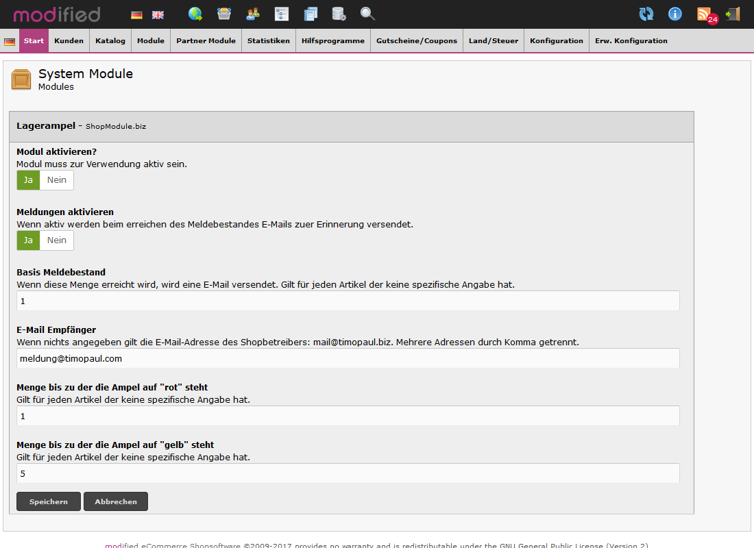 Lagerampel Backend-Einstellungen