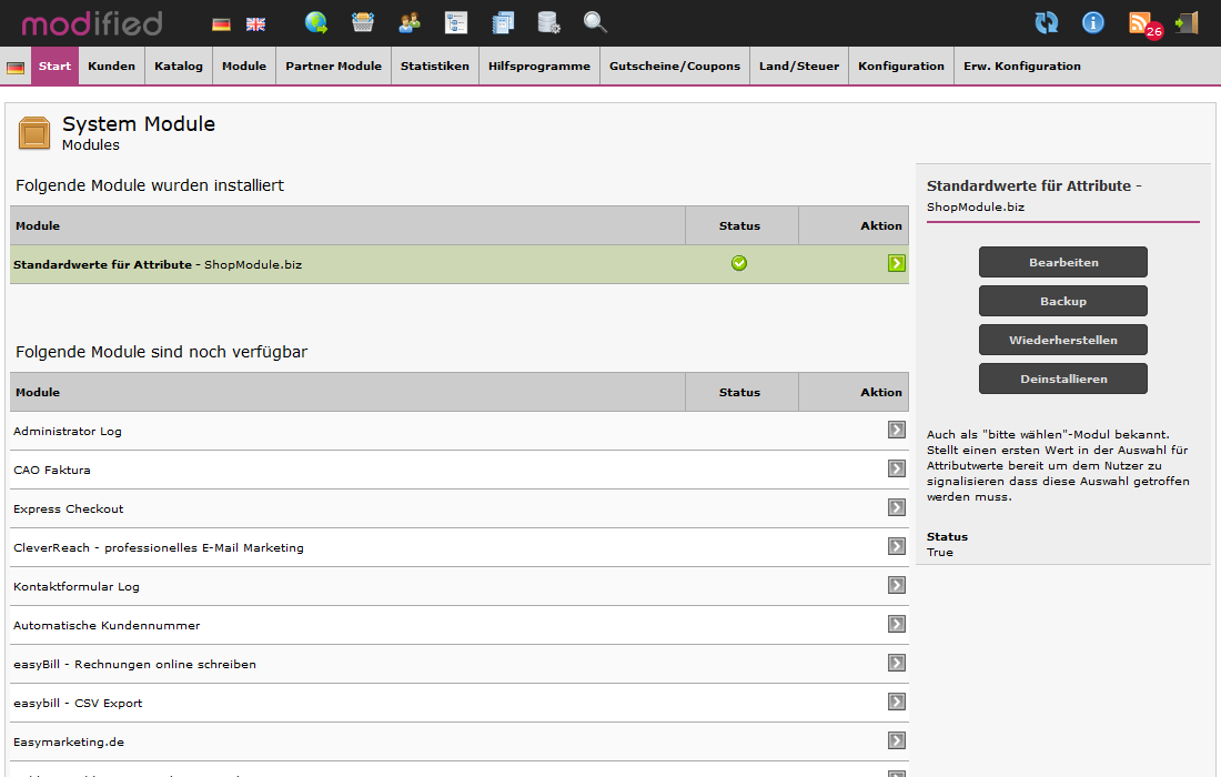 Modulkonfiguration im Adminbereich