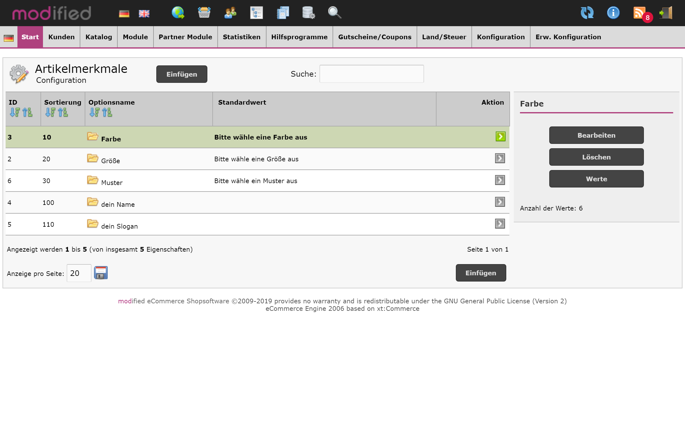 Modulkonfiguration im Adminbereich 2