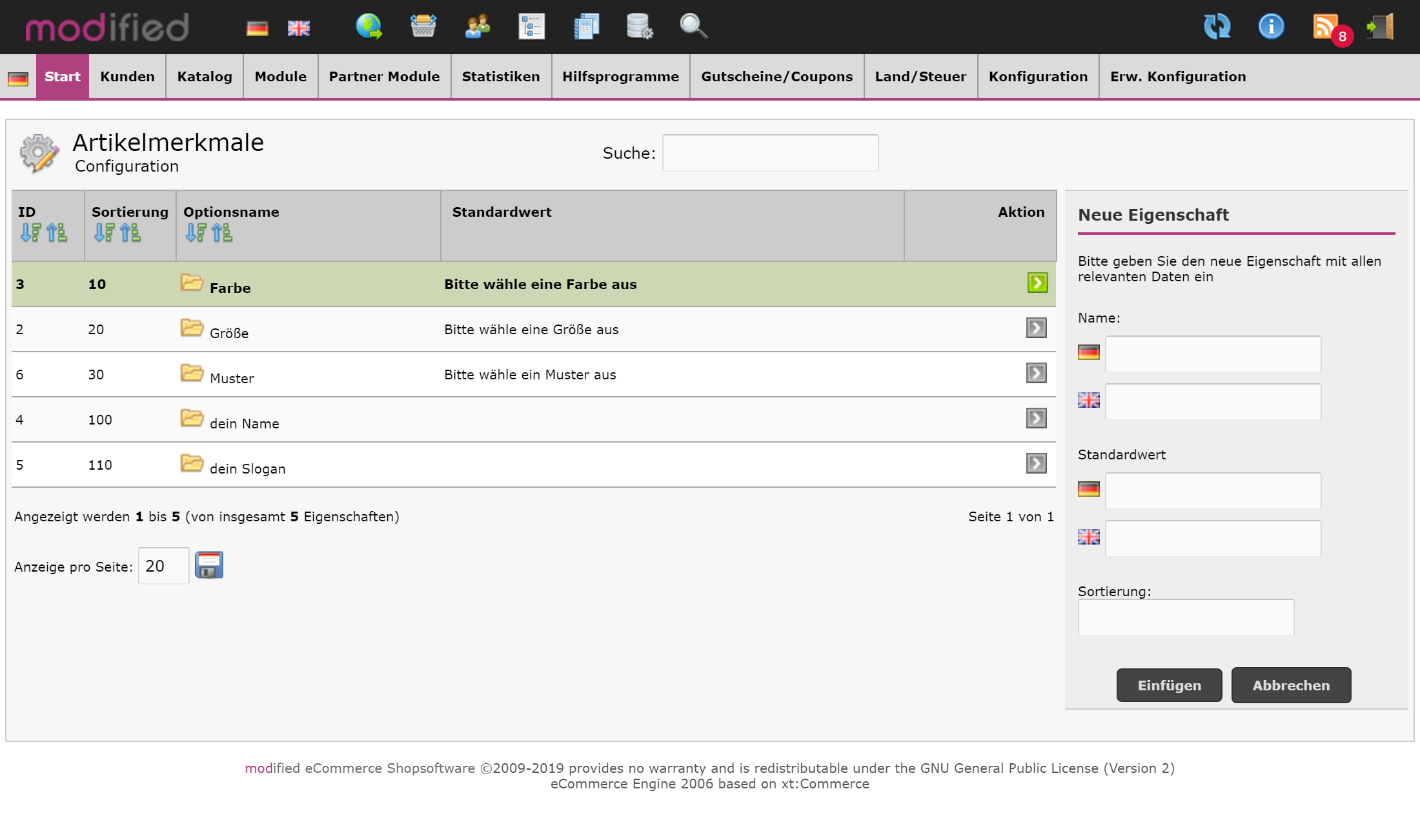 Modulkonfiguration im Adminbereich 3