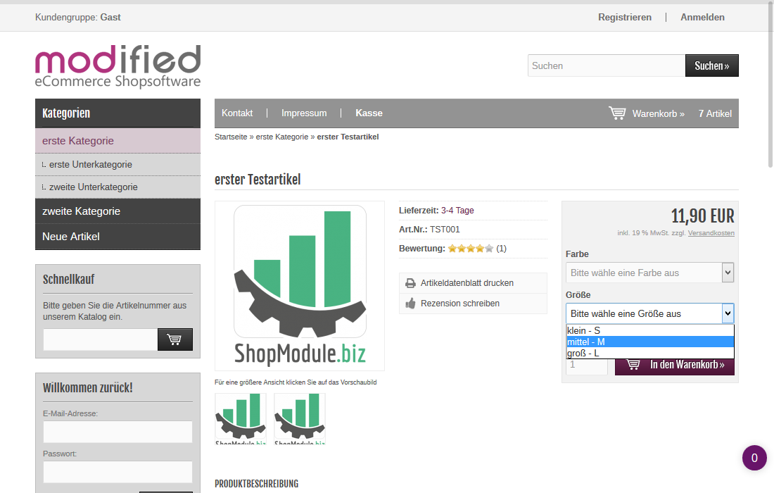Beispielansicht mit Auswahlfeldern Farbe und Länge im Produktdetail 2