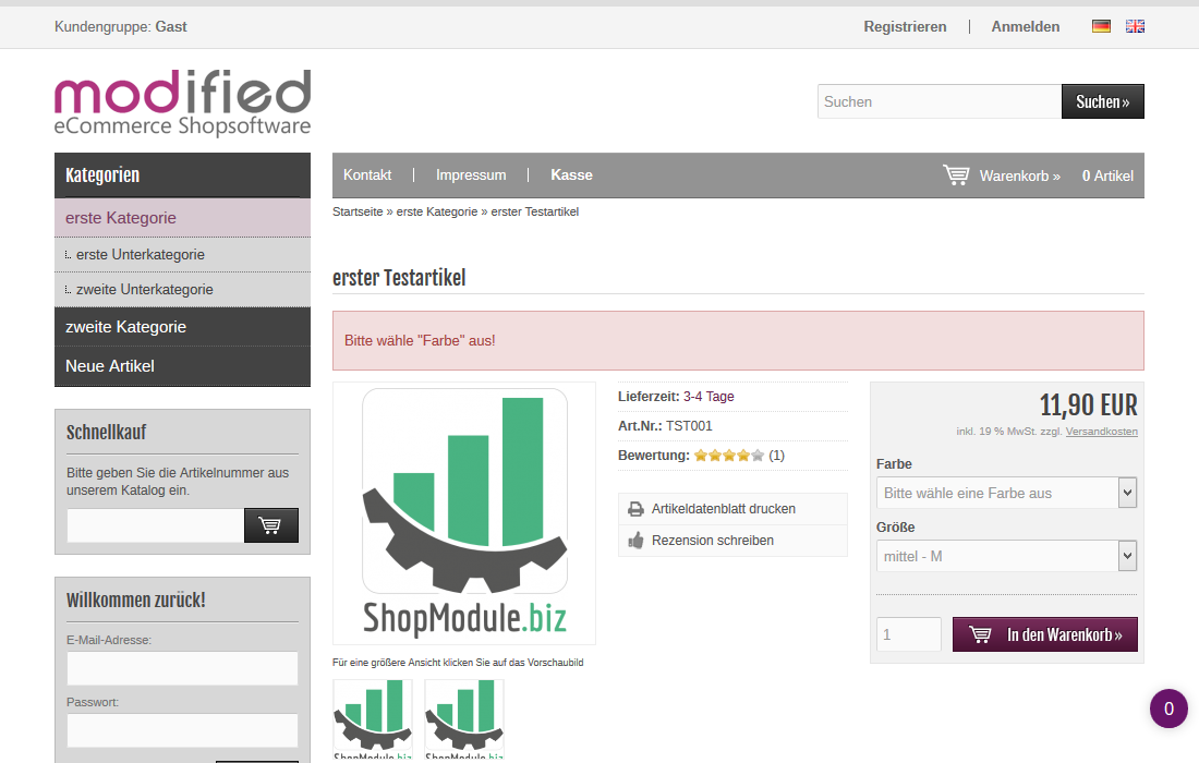 Beispielansicht mit Auswahlfeldern Farbe und Länge im Produktdetail 3