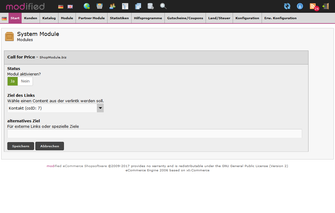 Modulkonfiguration im Backend