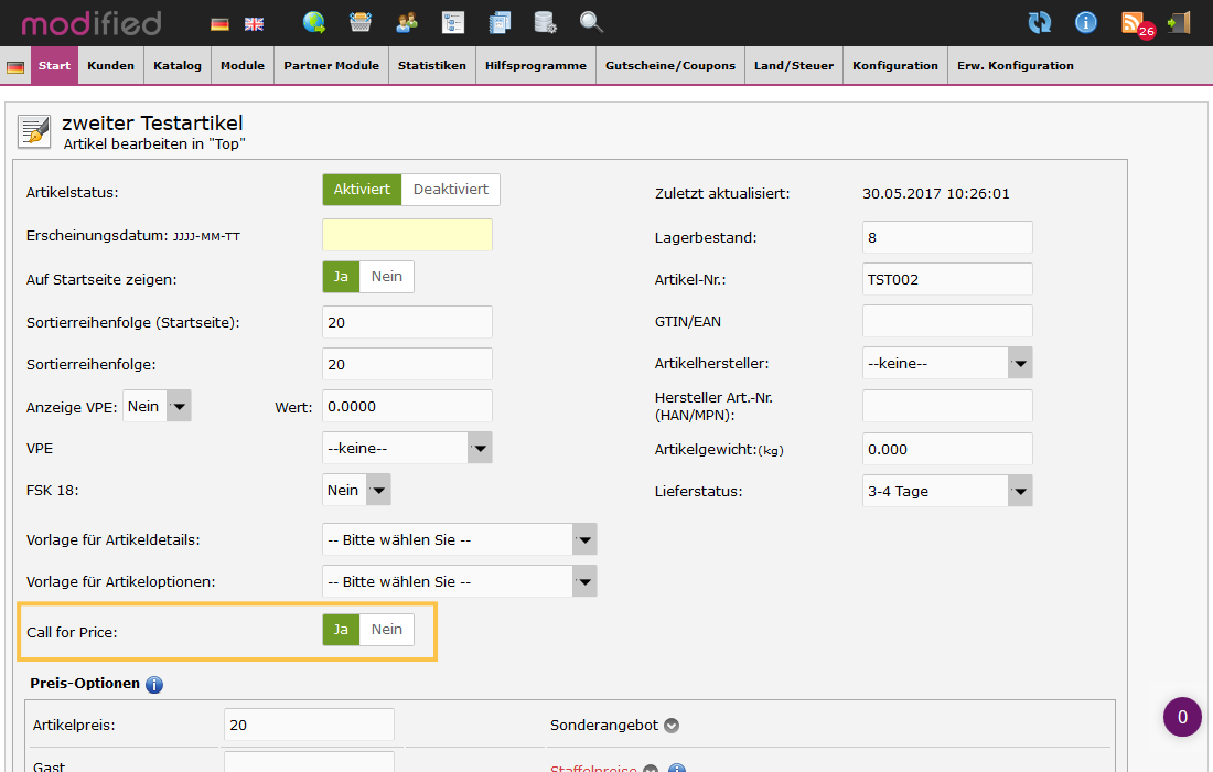 Preis ausgeblendet Backend