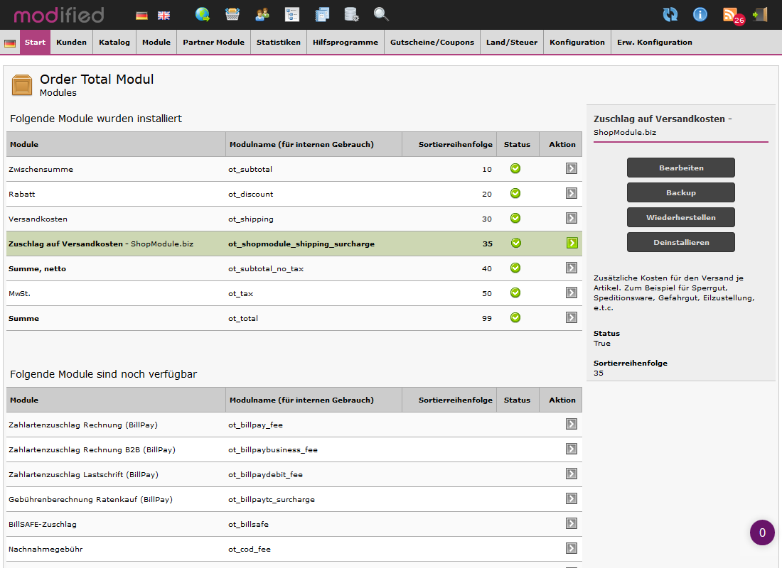 Zuschlag auf Versandkosten  - Backend 2
