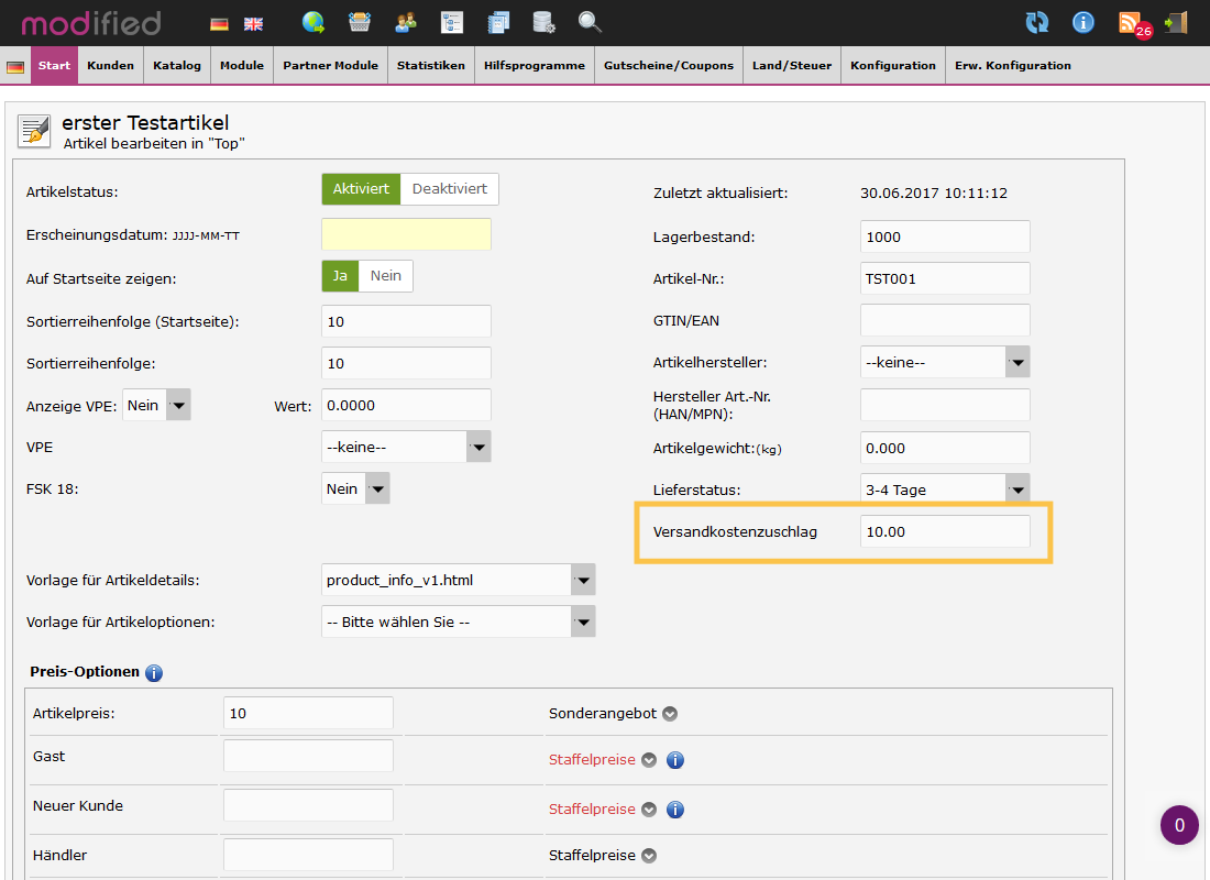 Zuschlag auf Versandkosten - Backend 34