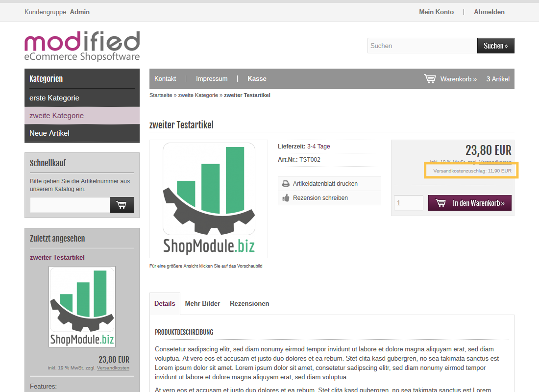 Zuschlag auf Versandkosten - Frontend
