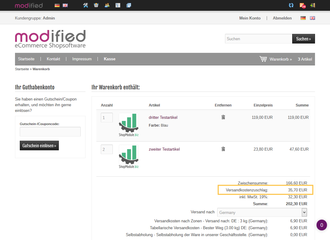 Zuschlag auf Versandkosten - Frontend 2
