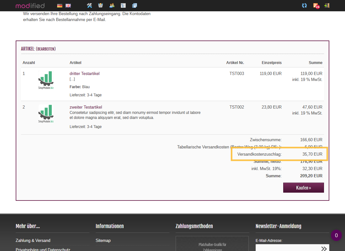Zuschlag auf Versandkosten - Frontend 3