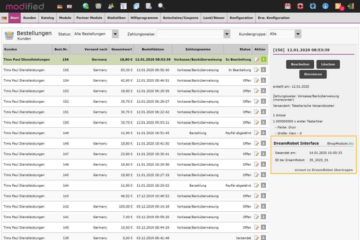 DreamRobot API für modified eCommerce 6