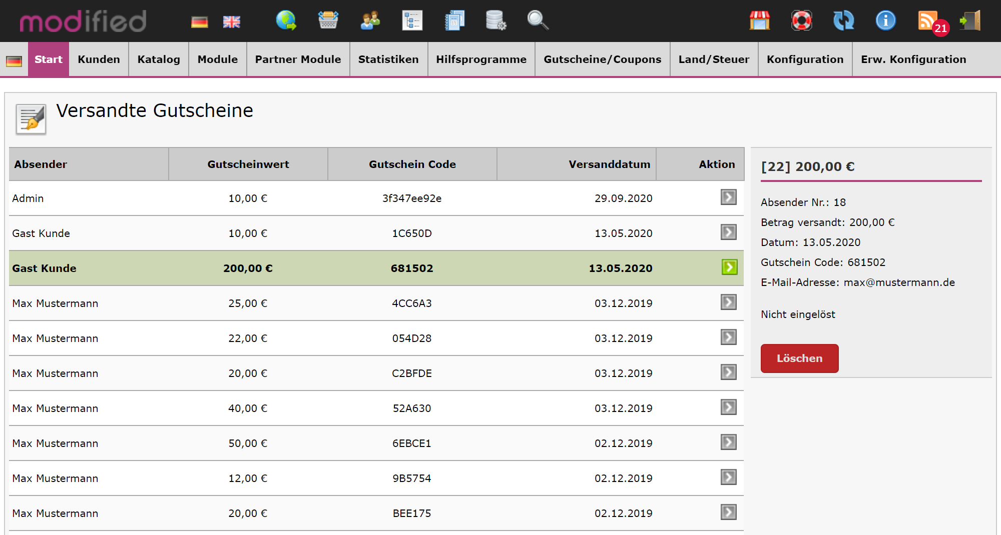 Gutscheine löschen 3