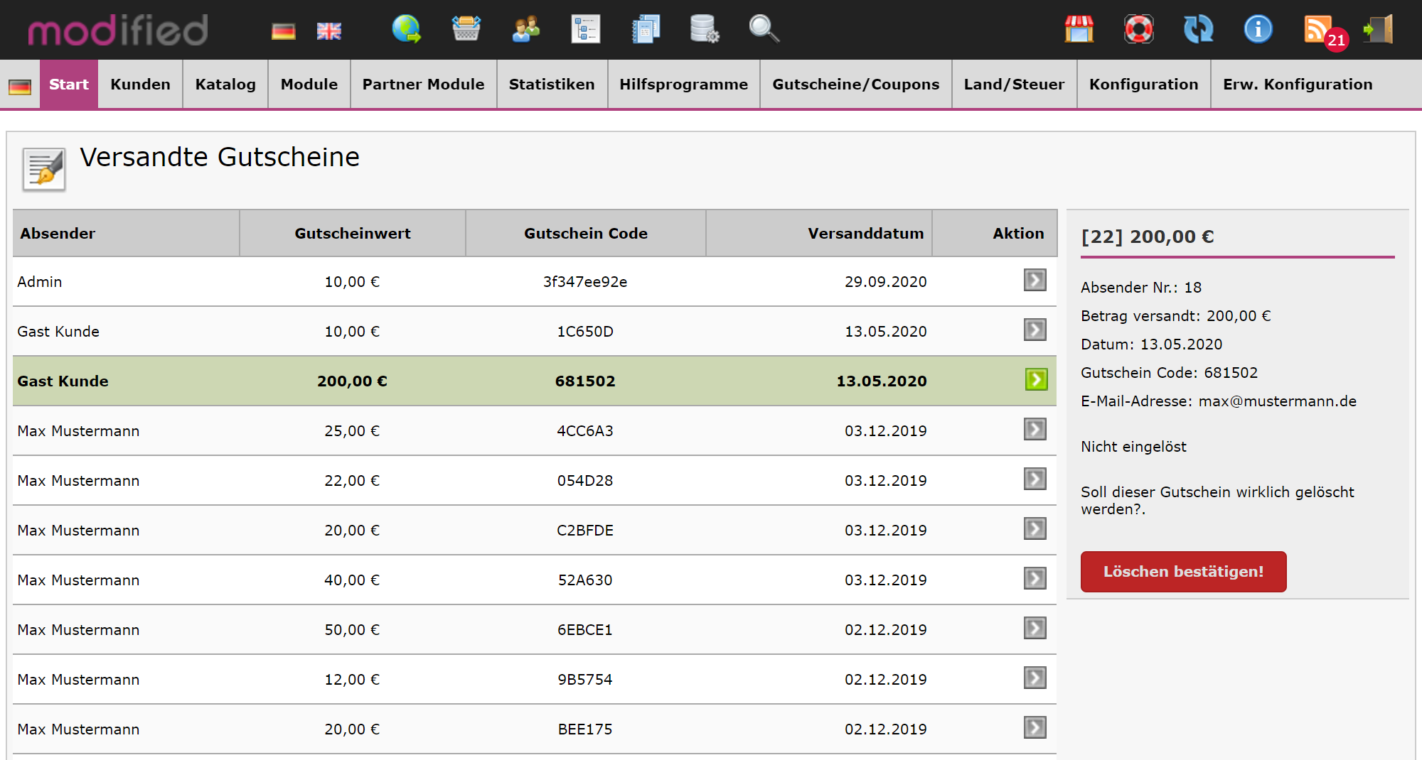Gutscheine löschen 4
