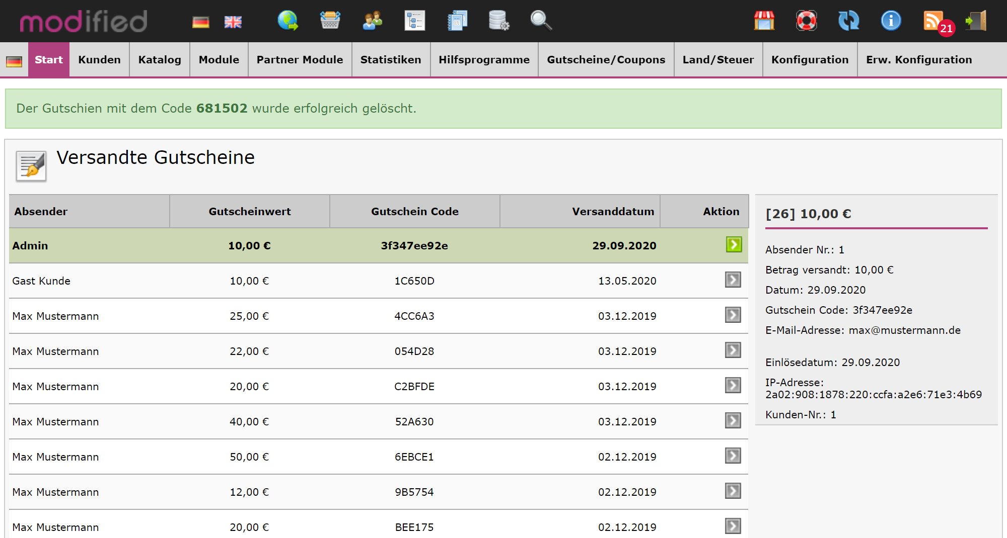 Gutscheine löschen 5