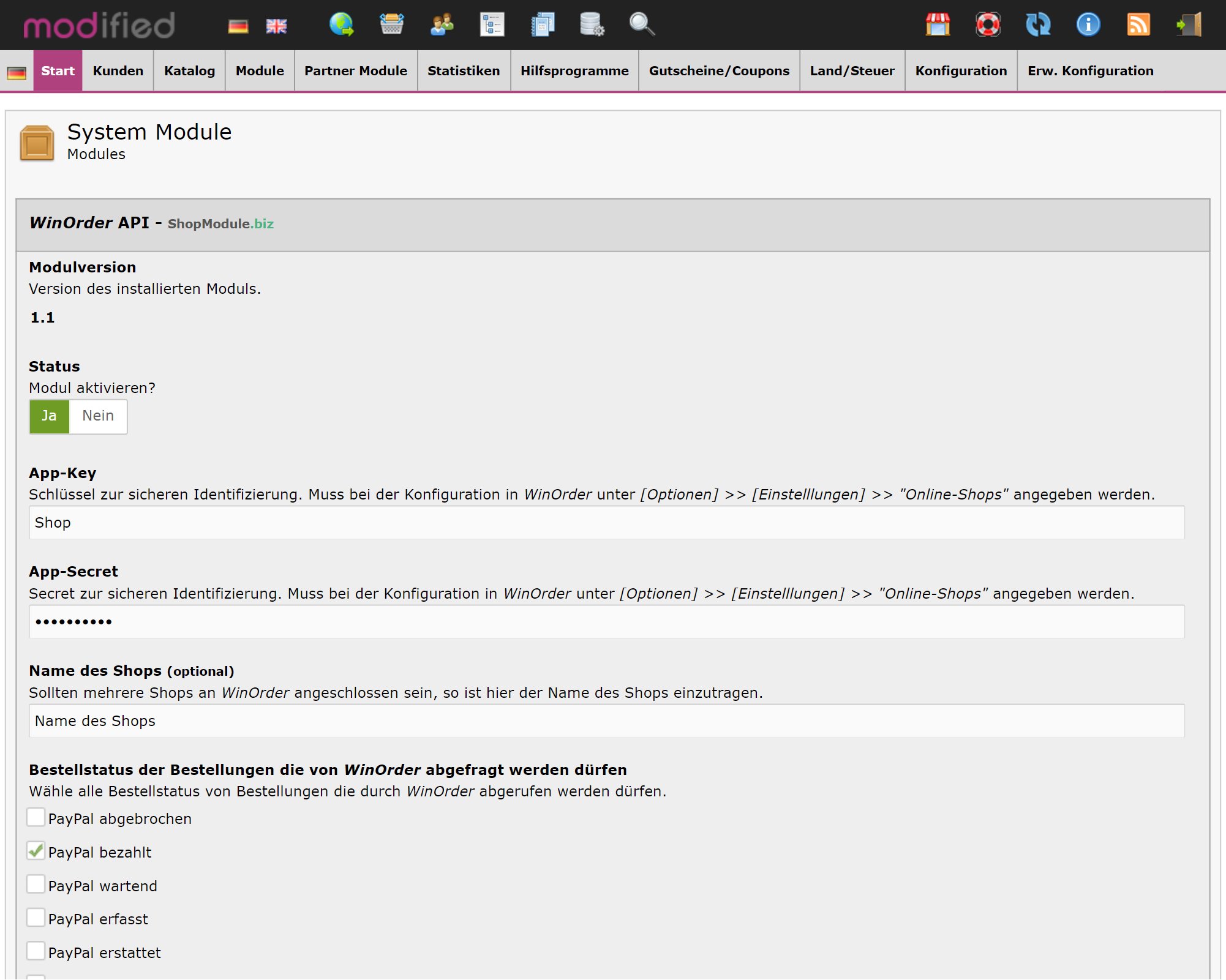 WinOrder API für modified eCommerce 2