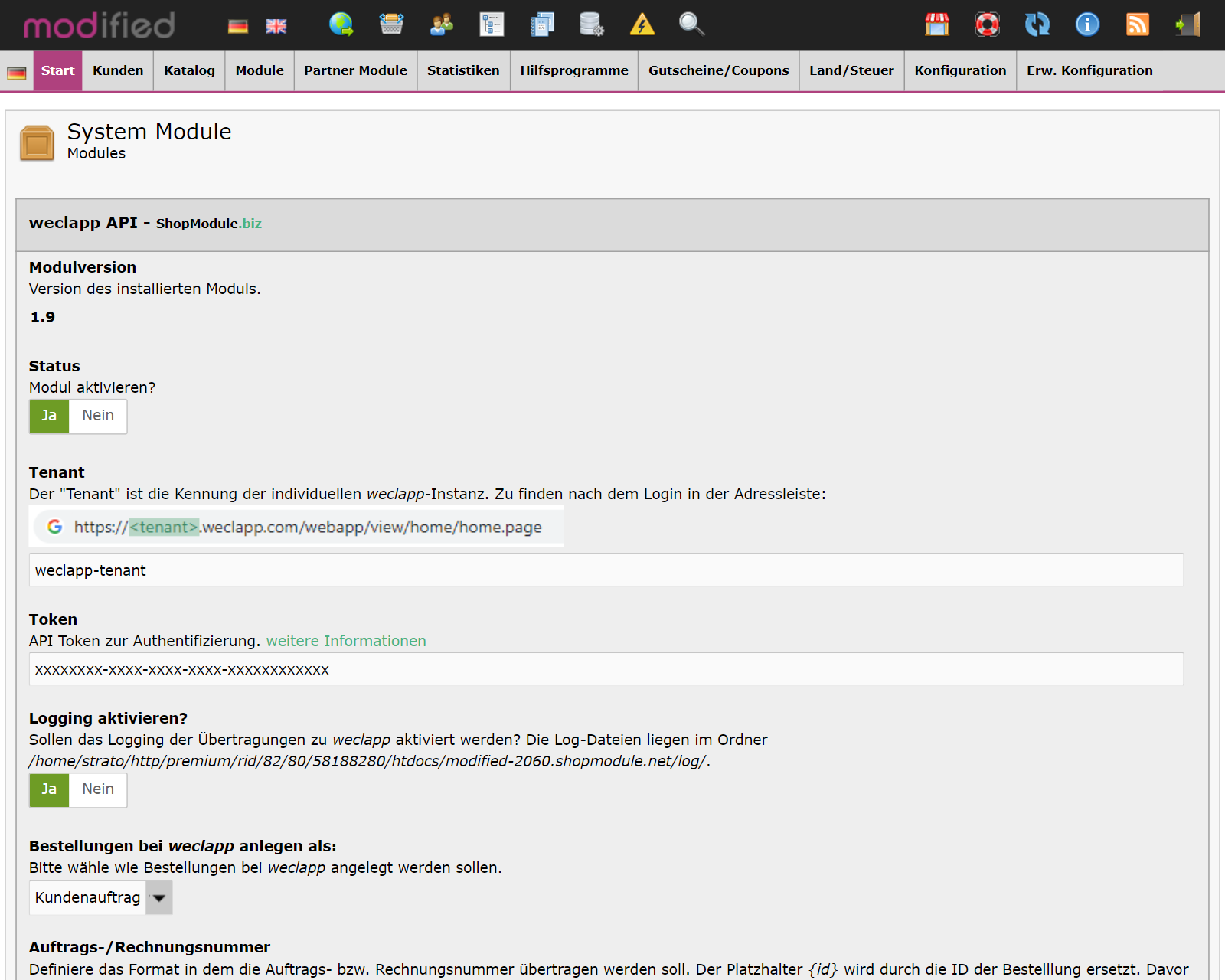 weclapp-Schnittstelle für modified eCommerce 2