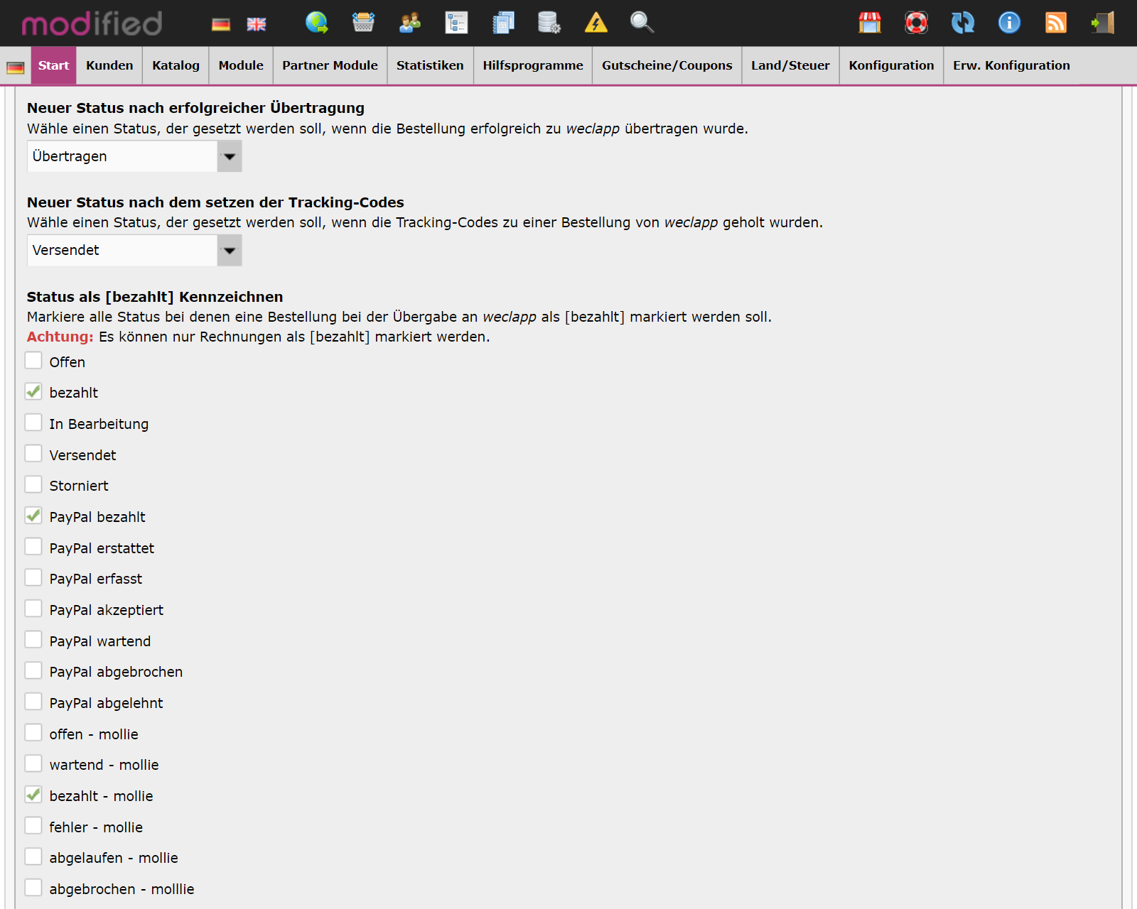 weclapp-Schnittstelle für modified eCommerce 4