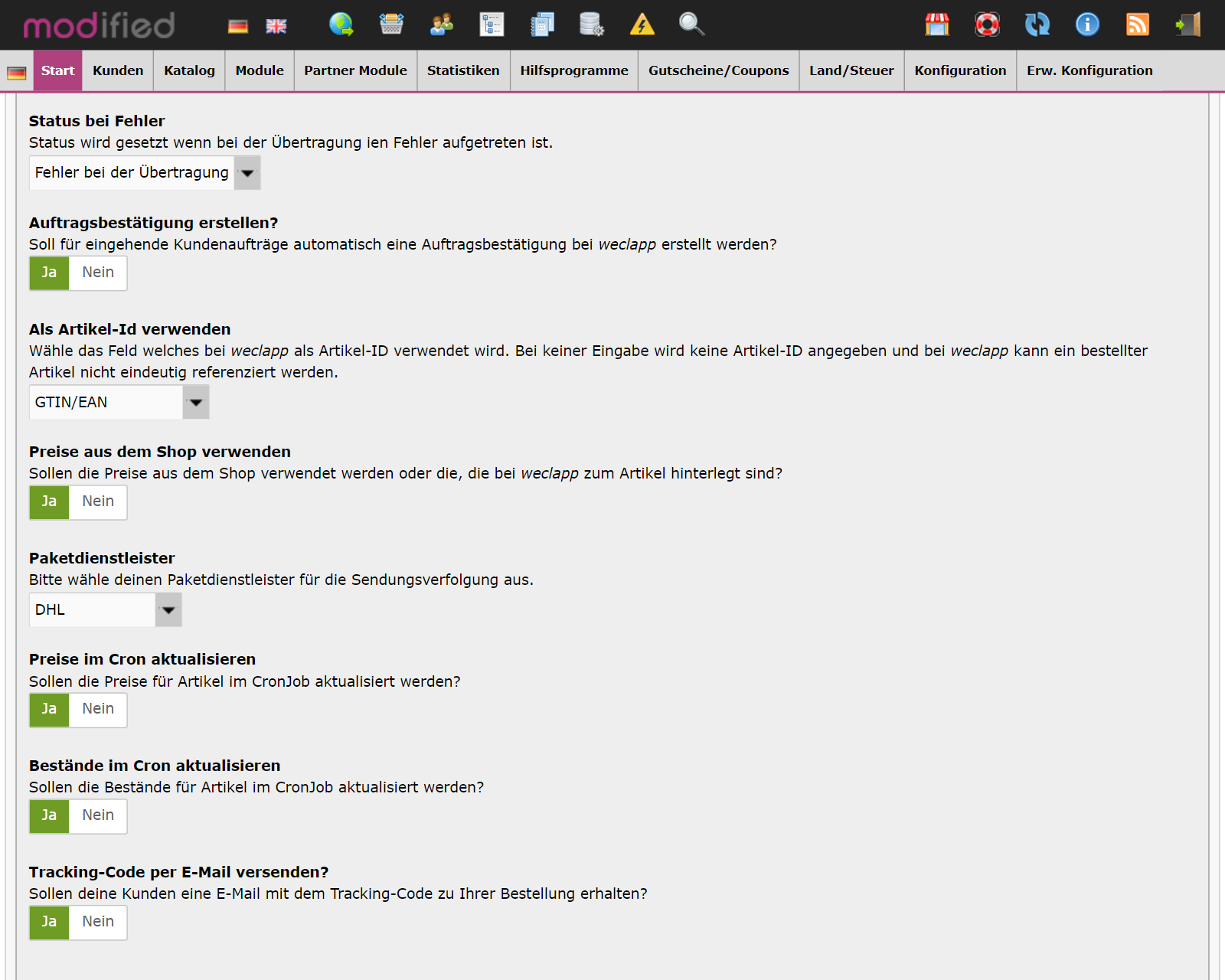 weclapp-Schnittstelle für modified eCommerce 5