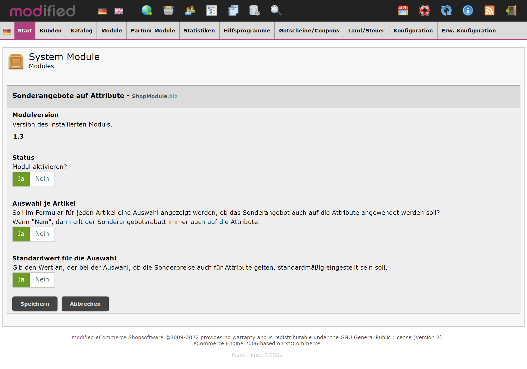 Backend-Ansicht – Sonderangebote auf Attribute 1