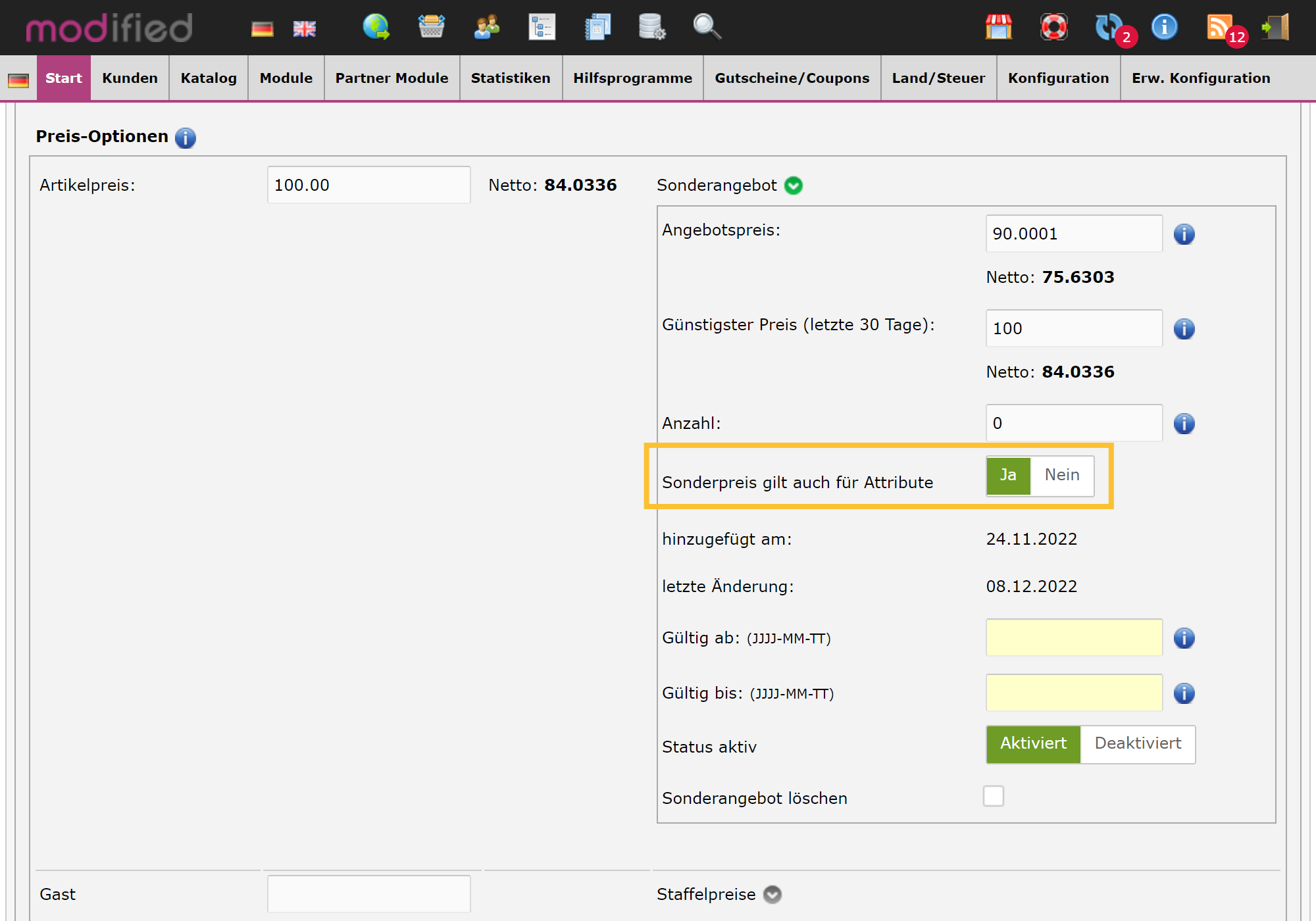 Backend-Ansicht – Sonderangebote auf Attribute 2