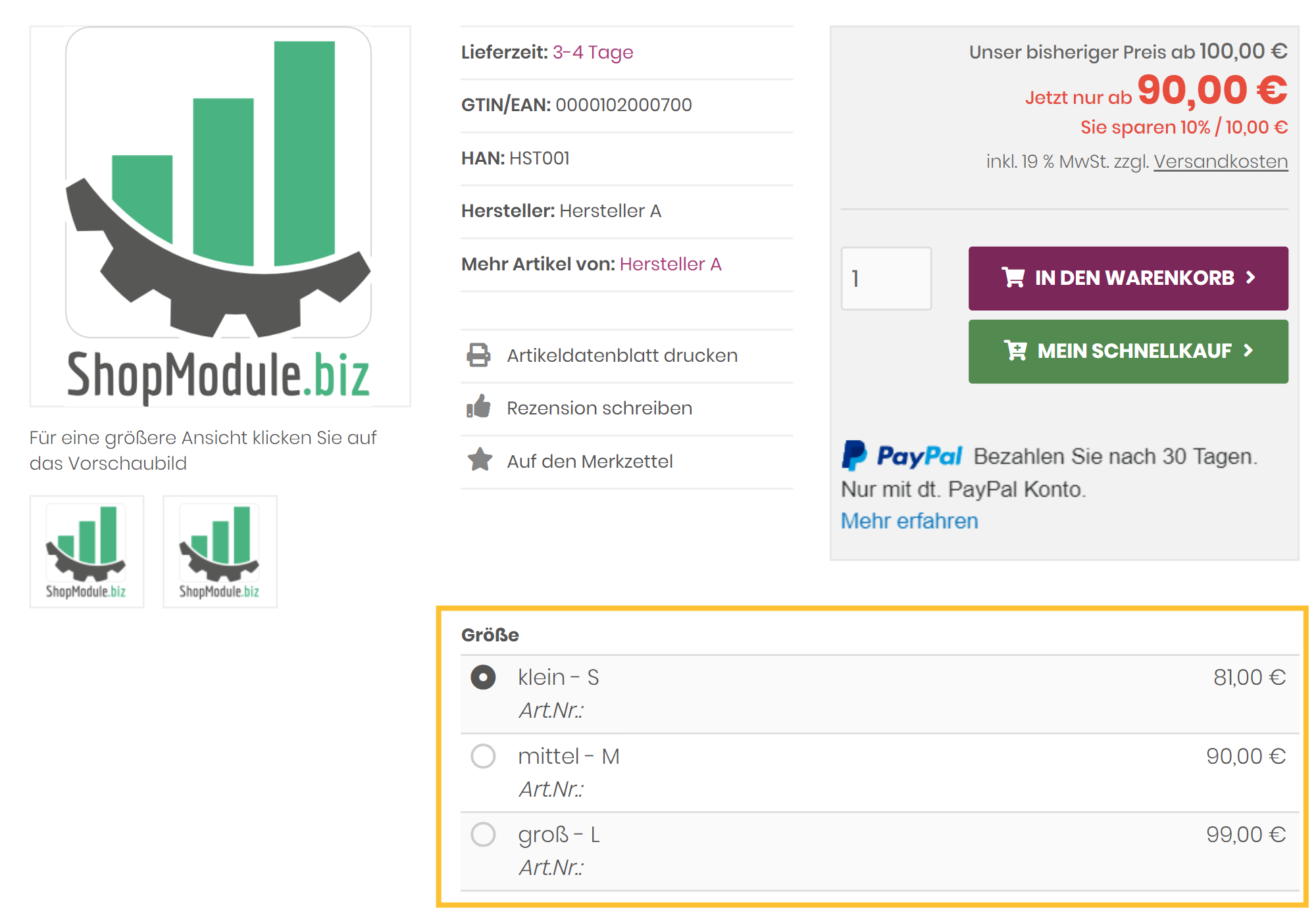 Frontend-Ansicht – Rabatt auf einzelne Produktvarianten