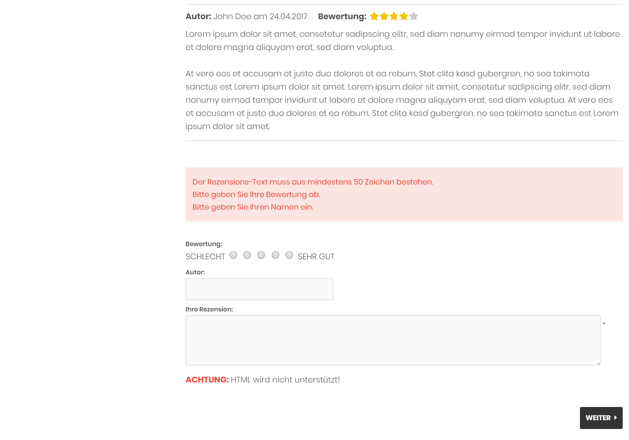 Fehlermeldung bei einer Produktbewertung