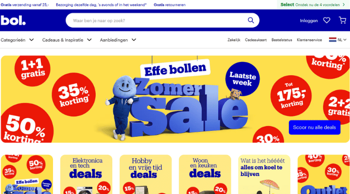 Screenshot des Bol.com Marktplatzes mit Produktübersicht und Suchleiste

Titel: Bol.com Marktplatz Übersicht