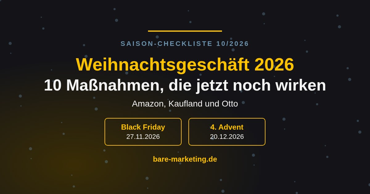 Beitragsbild Weihnachtsgeschäft 2026: 10 Maßnahmen für Amazon, Kaufland und Otto, mit den Terminen Black Friday 27.11.2026 und vierter Advent 20.12.2026